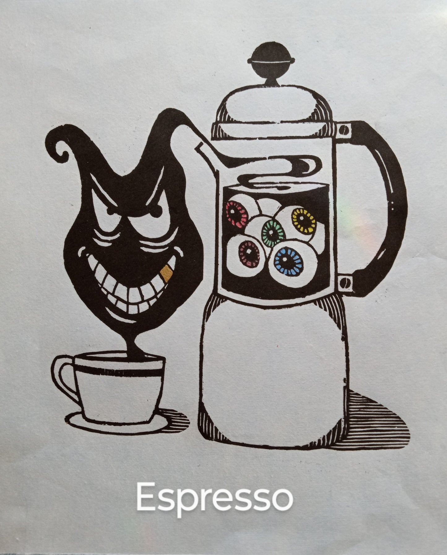 " Espresso " Hand Colored Linocut Print