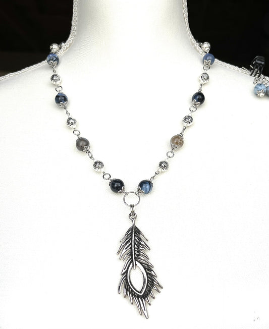 " Blue Agate and Silver, Feather Pendant " Necklace And Earring Set