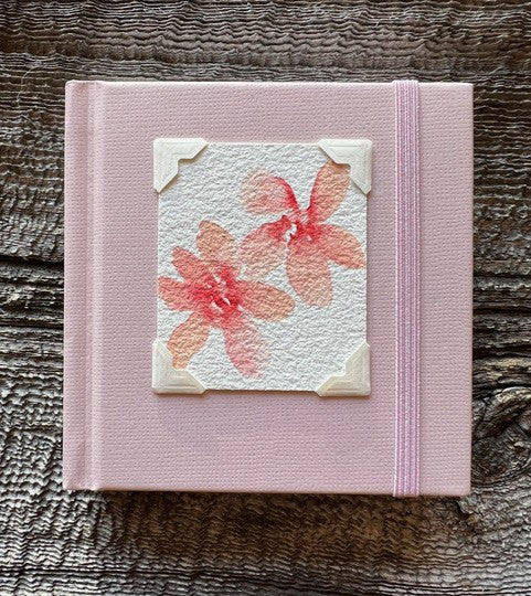 Mini Pink Sketchbook with Original Coral Colored Flowers Watercolor