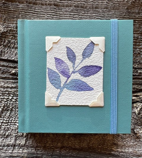 Mini Teal Blue Sketchbook with Original Variegated Leaves Watercolor