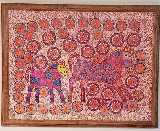 " Mare and Foal " Framed Peruvian Style Fiber Art

Artist: Alberto Alcantara

Hand dyed and hand painted fabric in the Peruvian style

Fiber pen on cotton cloth

Textile Art

Mare and Foal


Many floral rosettes

Matted and framed

Fiber Art on Cotton

Brown wooden frame with glass protection

30" long x 23" high

The Artist grew up in Peru, so this is his art with a Wyoming flair.

Would look great in a living room or bedroom

Unique one of a kind piece