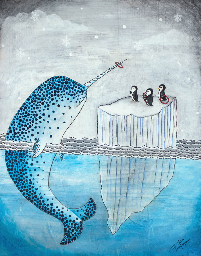 Narwhal and three penguins playing ring toss