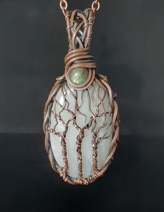 Moonstone / Labradorite Tree Of Life Oxidize Copper Pendent