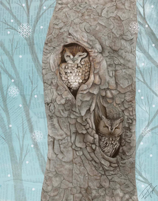 print from original whimsical mixed media acrylic painting. Two owls in a tree while the snow is falling