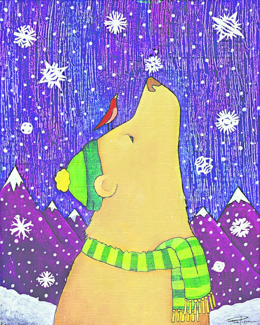 "Joy In The Snow" Large Print Artist:  Tara Pappas Original artwork  A bear with a hat and scarf looking up at the winter sky catching snow flakes on his nose  Print that can be framed   8" wide x 10" long x 1/16" deep  These print are a great way make a person smile with there whimsical designs and would be great in any room or on the fire place mantel    Please note the artwork is a copy from an original of the artist, but slight variations can be expected   JLO