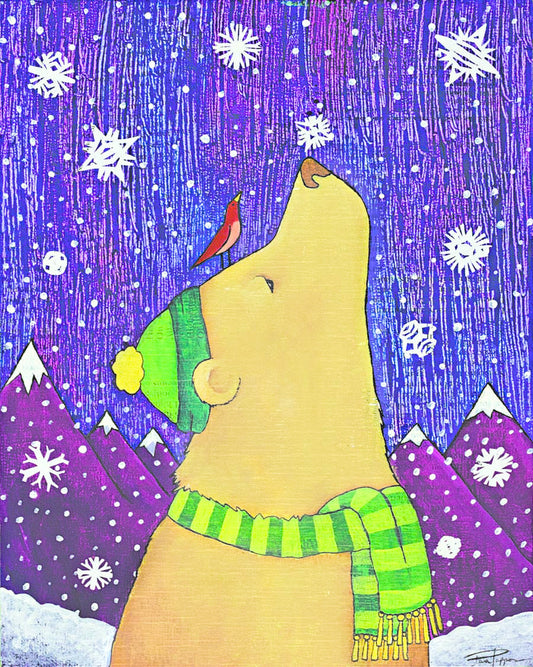 "Joy In The Snow" Large Print Artist:  Tara Pappas Original artwork  A bear with a hat and scarf looking up at the winter sky catching snow flakes on his nose  Print that can be framed   8" wide x 10" long x 1/16" deep  These print are a great way make a person smile with there whimsical designs and would be great in any room or on the fire place mantel    Please note the artwork is a copy from an original of the artist, but slight variations can be expected   JLO