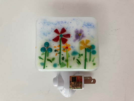 " Red, Turquoise, Purple and Yellow Flower Garden " Fused Glass Nightlight